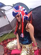 My daughter Gill wearing the hat I made for her, to wear at Glastonbury Festival....Whoop!